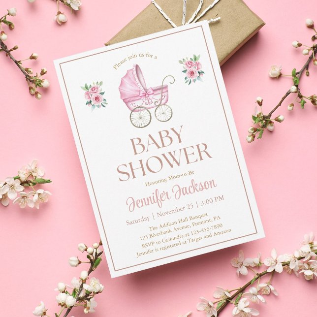 Watercolor Pink Floral Baby Girl Carriage Shower  Invitation (Creator Uploaded)
