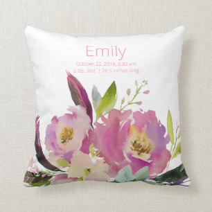 Watercolor Pink Floral Baby Girl Stats Nursery Cushion