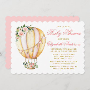 Watercolor Pink Floral Baby Shower Air Balloon Invitation