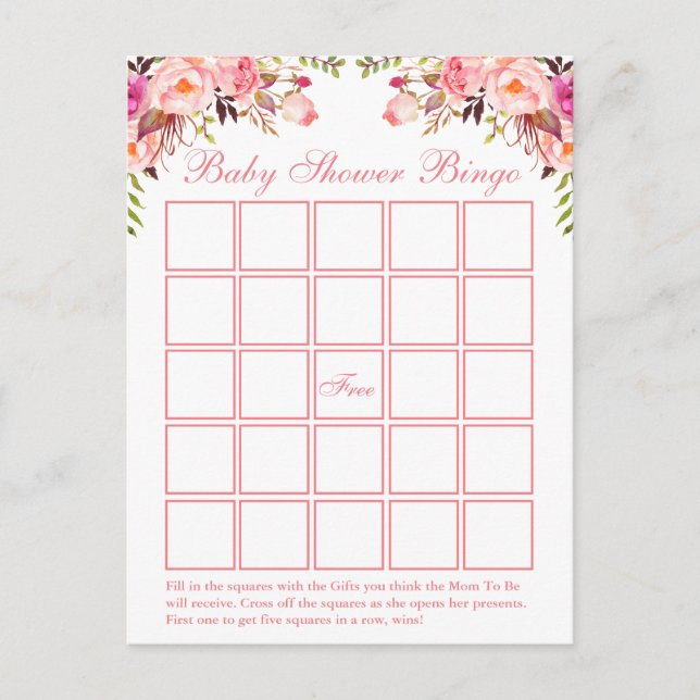 Watercolor Pink Floral Baby Shower Bingo Card (Front)