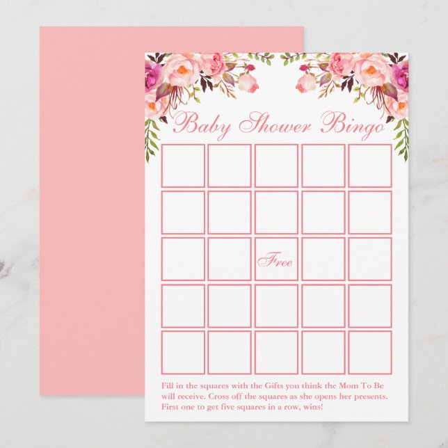 Watercolor Pink Floral Baby Shower Bingo Card (Front/Back)