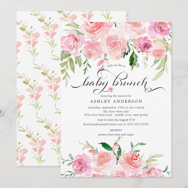Watercolor Pink Floral Baby Shower Brunch Invitation (Front/Back)
