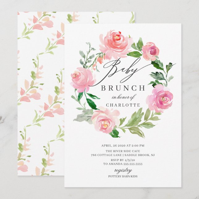 Watercolor Pink Floral Baby Shower Brunch Invitation (Front/Back)