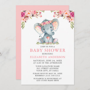 Watercolor Pink Floral Baby Shower Elephant Invitation