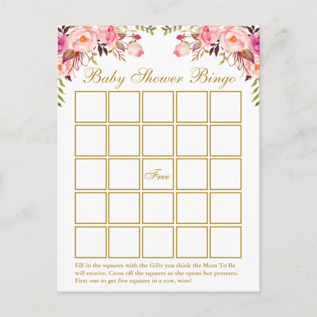 Watercolor Pink Floral Baby Shower Gold Bingo Card (Front)