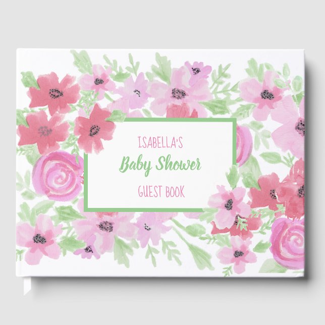 Watercolor Pink Floral Baby Shower Guest Book (Front)