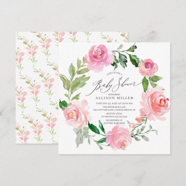Watercolor Pink Floral Baby Shower Invitation (Front/Back)
