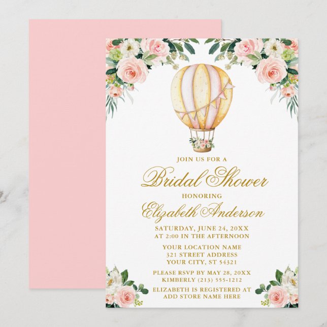 Watercolor Pink Floral Balloon Gold Bridal Shower Invitation (Front/Back)