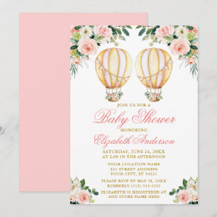 Watercolor Pink Floral Balloons Twins Baby Shower Invitation