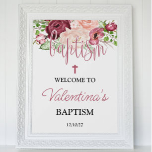 Watercolor Pink Floral Baptism Girl Welcome Poster