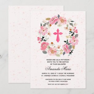 Watercolor Pink Floral Baptism Invitation