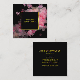 Watercolor pink floral black gold professional square business card