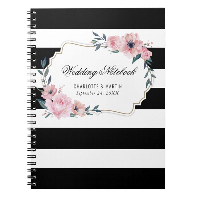 Watercolor Pink Floral Black Striped Wedding Notebook (Front)