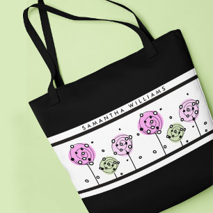 Watercolor Pink Floral Black White Color Block Tote Bag
