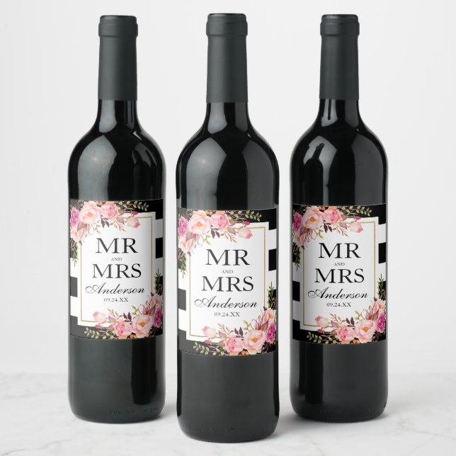Watercolor Pink Floral Black White Striped Wine Label (Bottles)