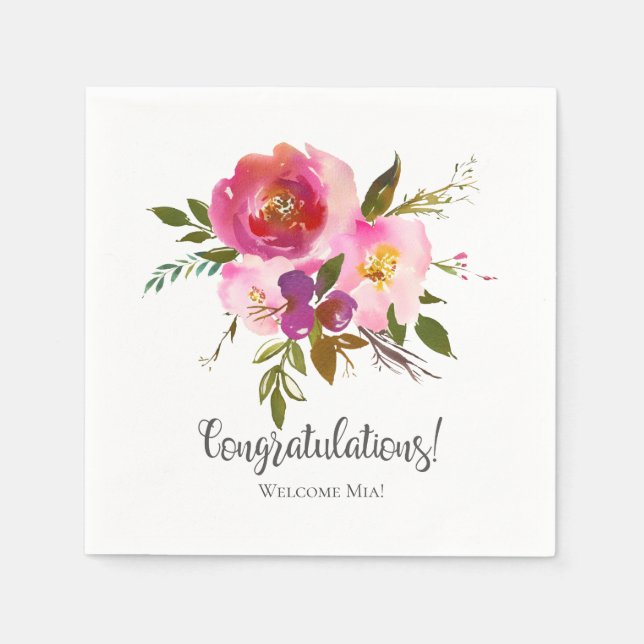Watercolor Pink  Floral Boho Baby Shower Napkin (Front)