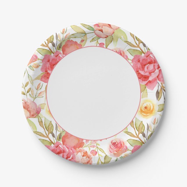 Watercolor Pink Floral Border Paper Plate (Front)