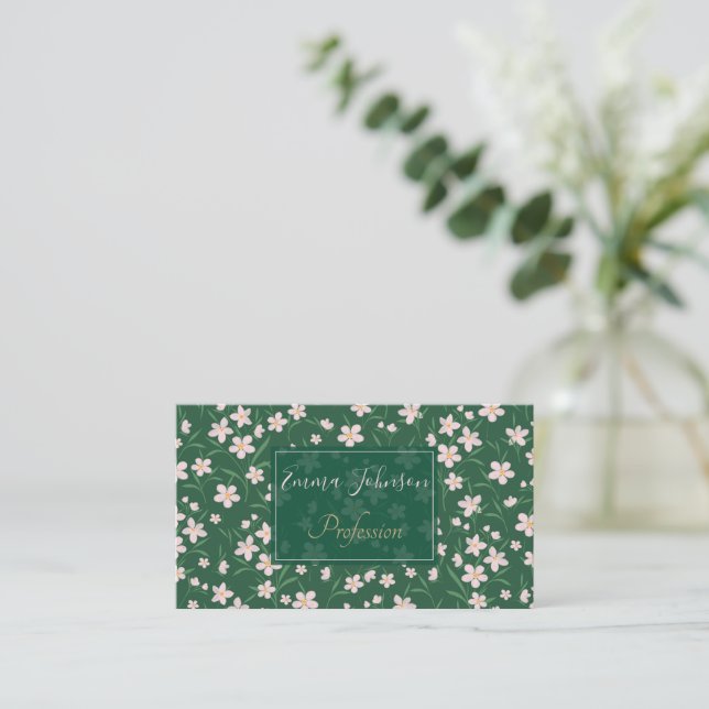 Watercolor Pink Floral Botanical Dark Green design Business Card (Standing Front)
