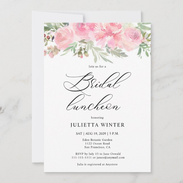 Watercolor Pink Floral Bridal Luncheon Invitation (Front)