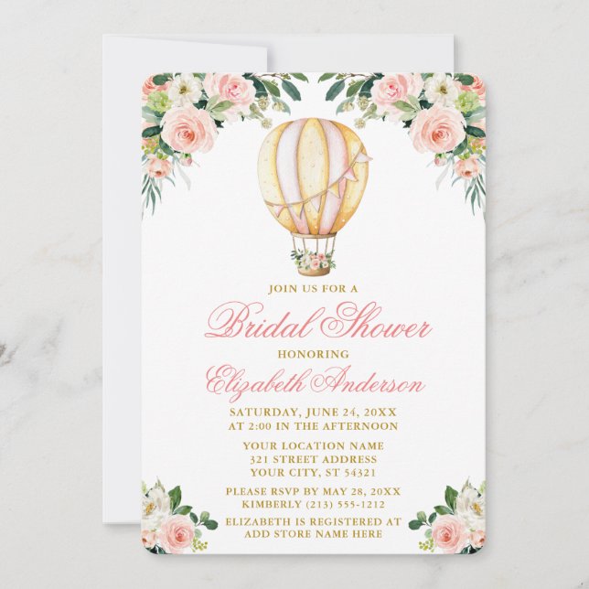 Watercolor Pink Floral Bridal Shower Air Balloon Invitation (Front)