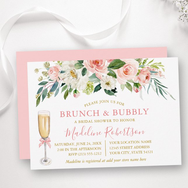 Watercolor Pink Floral Bridal Shower Brunch Gold Invitation (Customize to change text color, text style or color of back of card.)