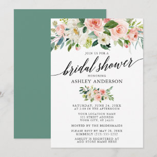 Watercolor Pink Floral Bridal Shower Calligraphy Invitation