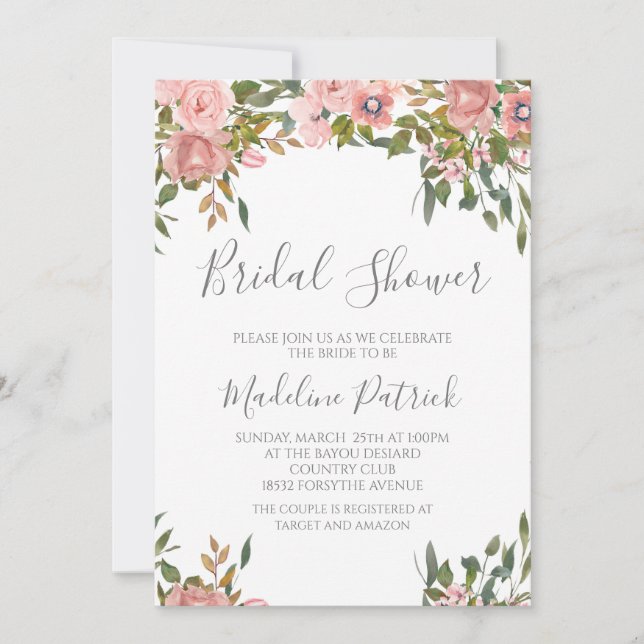 Watercolor Pink Floral Bridal Shower Invitation (Front)