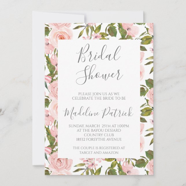 Watercolor Pink Floral Bridal Shower Invitation (Front)