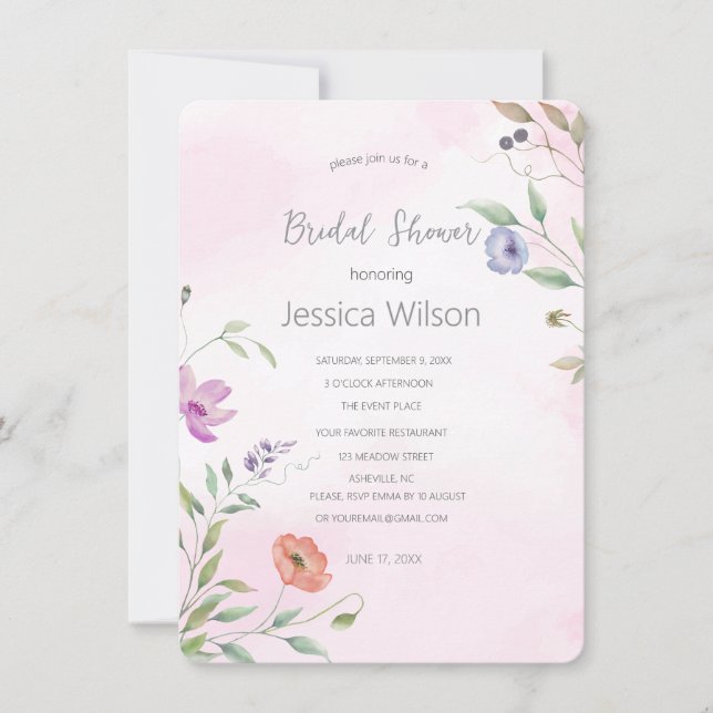 Watercolor Pink  Floral Bridal Shower Invitation (Front)