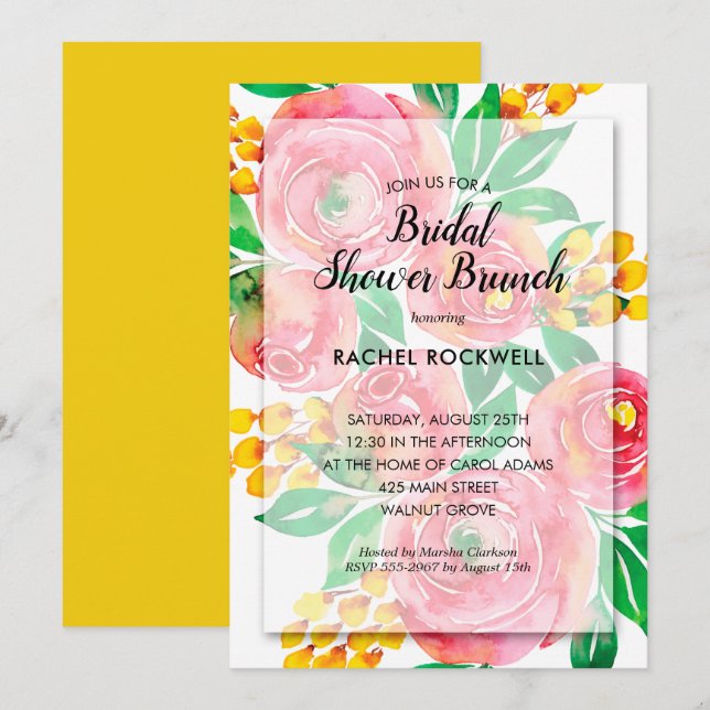 Watercolor Pink Floral Bridal Shower Invitations (Front/Back)