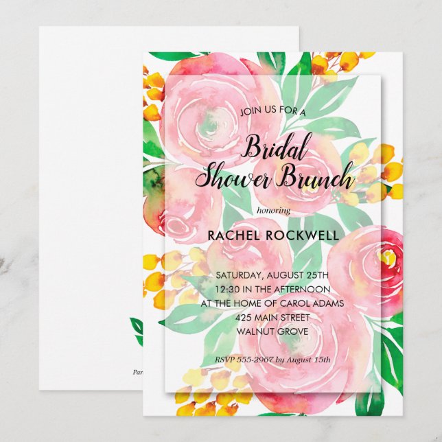 Watercolor Pink Floral Bridal Shower Invitations (Front/Back)
