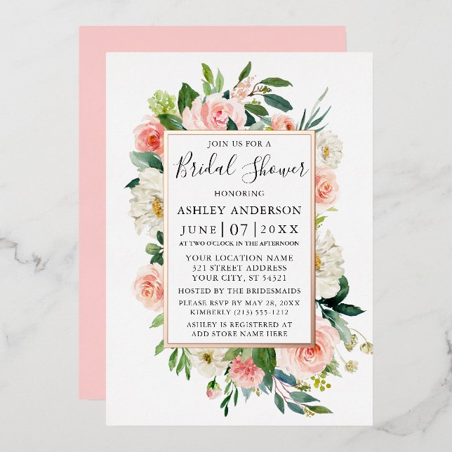 Watercolor Pink Floral Bridal Shower Rose Gold (Front/Back)