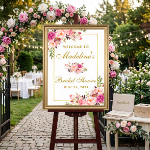 Watercolor Pink Floral Bridal Shower Welcome Gold Poster