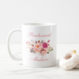 Watercolor Pink Floral Bridesmaid Name Coffee Mug