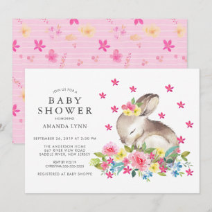 Watercolor Pink Floral Bunny Baby Girl Shower Invitation
