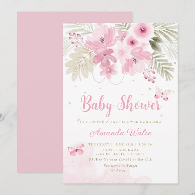 Watercolor Pink Floral Butterfly Girl Baby Shower  Invitation (Front/Back)