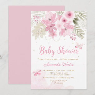 Watercolor Pink Floral Butterfly Girl Baby Shower Invitation