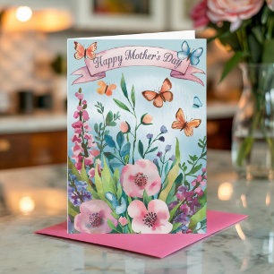Watercolor Pink Floral Butterfly Mother's Day Card