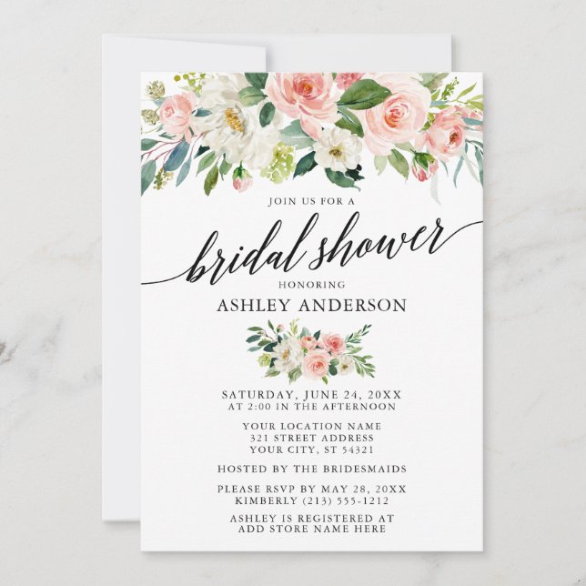 Watercolor Pink Floral Calligraphy Bridal Shower Invitation (Front)
