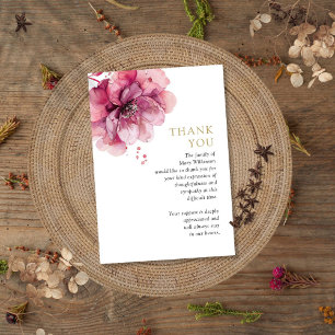 Watercolor Pink Floral Celebration Of Life Funeral Thank You Card