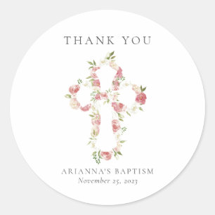 Watercolor Pink Floral Cross Baptism  Classic Roun Classic Round Sticker