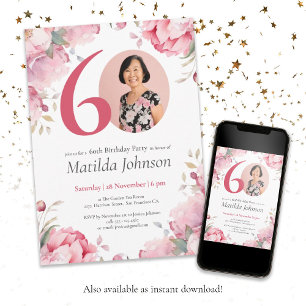 Watercolor Pink Floral Custom Photo 60th Birthday  Invitation