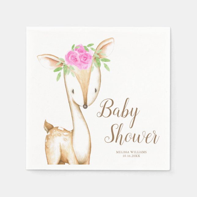 Watercolor Pink Floral Deer Girl Baby Shower Napkin (Front)