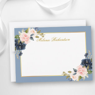 Watercolor Pink Floral Dusty Blue - Choose Size - Card