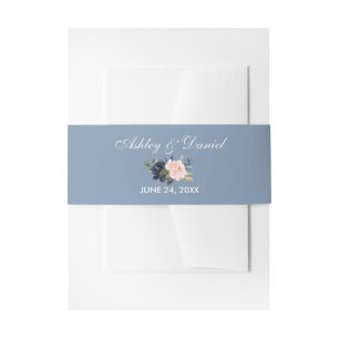 Watercolor Pink Floral Dusty Blue Invitation Belly Band
