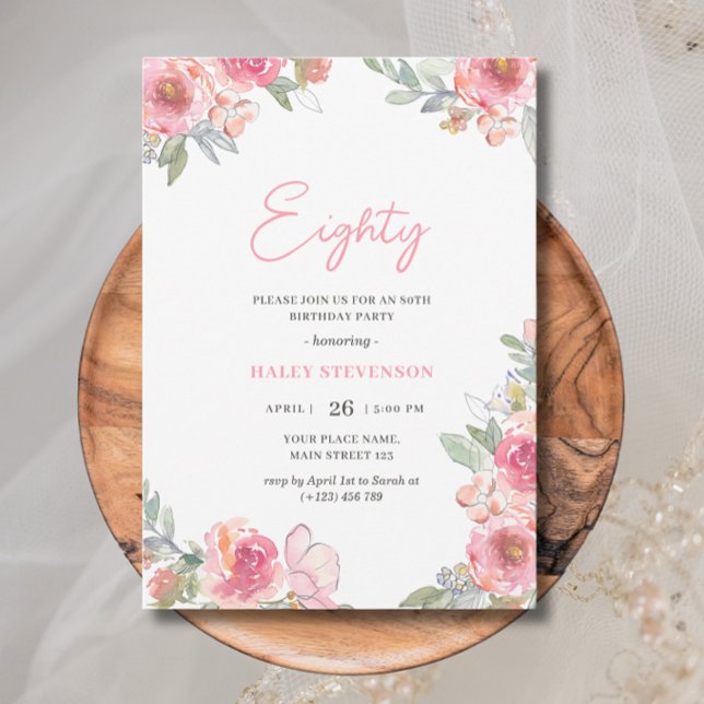 Watercolor Pink Floral Eighty 80th Chic Birthday Invitation (Creator Uploaded)