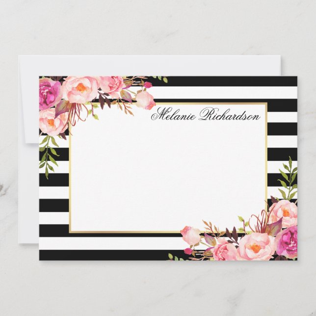 Watercolor Pink Floral Elegant Striped Card (Front)