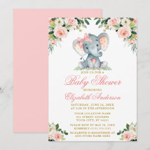 Watercolor Pink Floral Elephant Bow Baby Shower Invitation