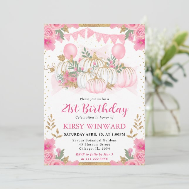 Watercolor Pink Floral Fall Pumpkin Birthday Invitation (Standing Front)