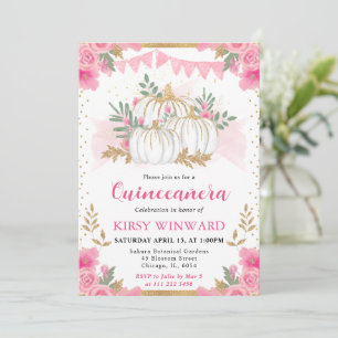 Watercolor Pink Floral Fall Pumpkin Quinceanera Invitation